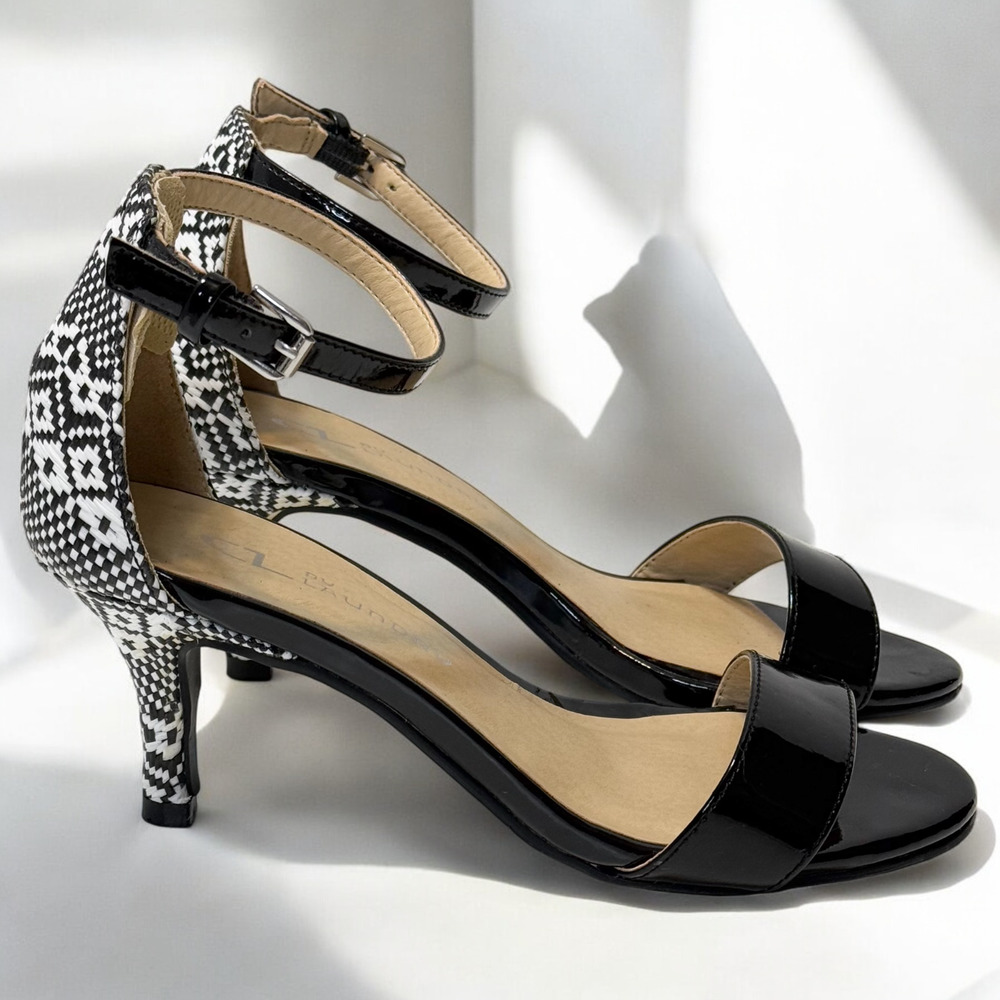 CL by Laundry Kitten Heel Sandals Ankle Strap Black White Abstract Glam Size 5M